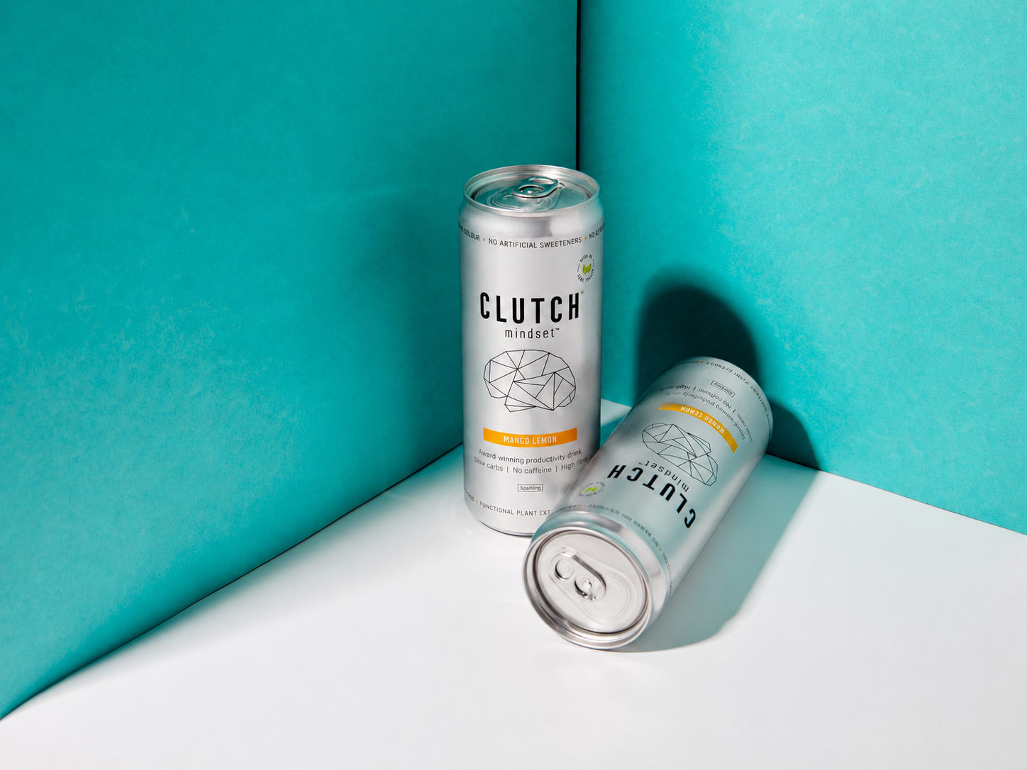 Two CLUTCH Mindset Mango Lemon functional focus drink cans