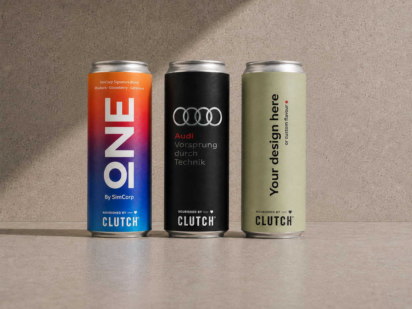 Custom-branded CLUTCH functional drink cans for businesses