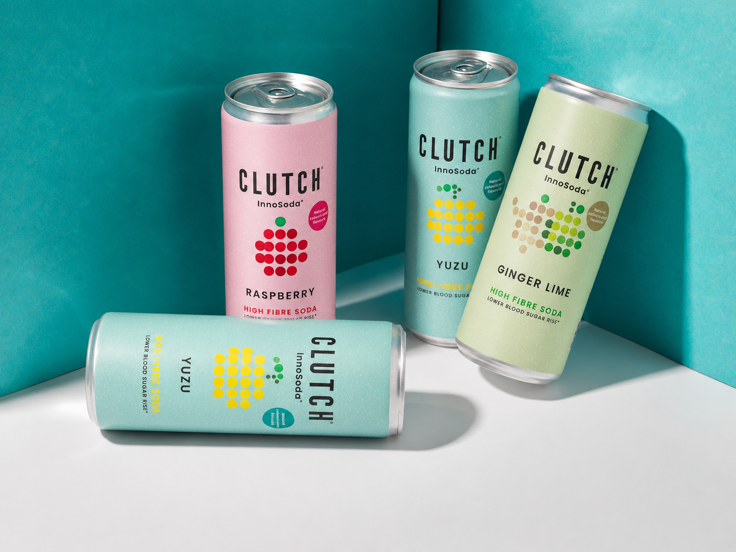 CLUTCH InnoSoda high-fibre soda cans in Yuzu, Raspberry and Ginger Lime